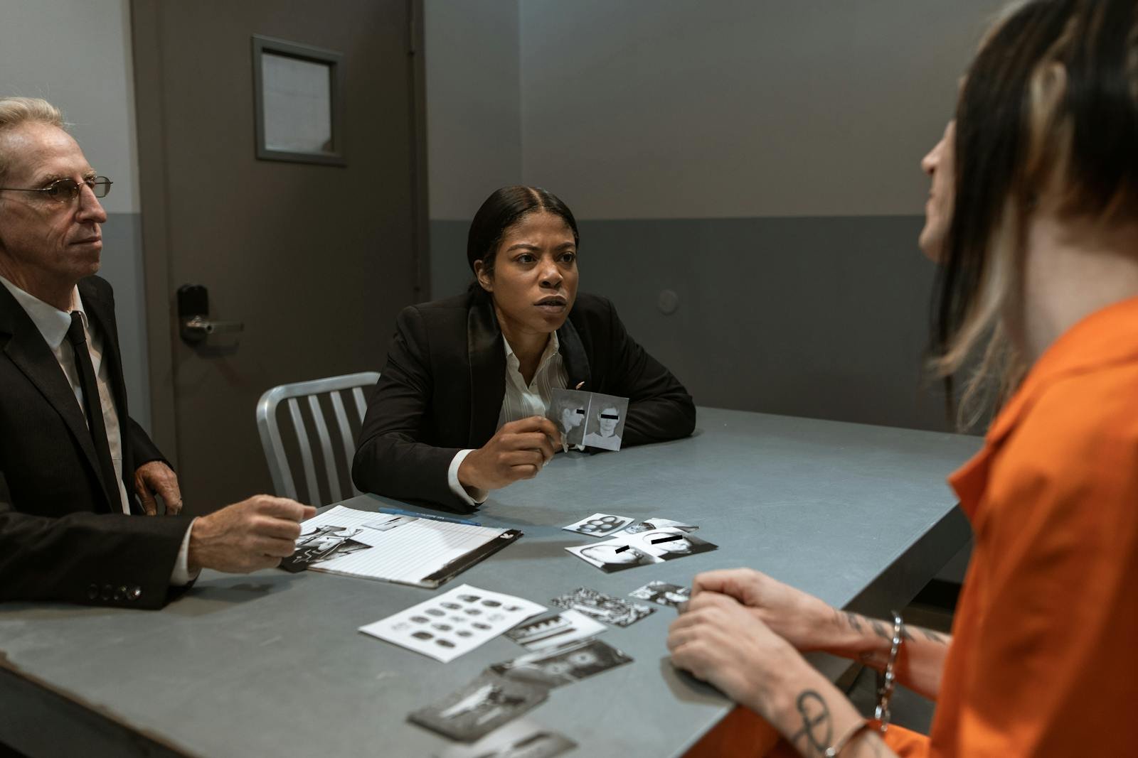 Interrogation scene with detectives questioning a handcuffed suspect inside a jail room.